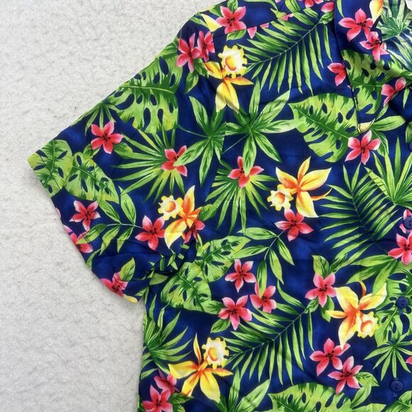 Caribou Hawaiian Shirt Women 1X Green Blue Pink Floral Button Up Shoulder Pads - Picture 5 of 12
